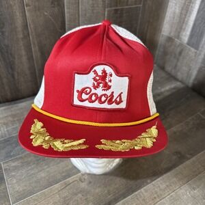 🍺 VTG Coors Beer Trucker Hat Snapback Red Mesh Cap Gold Rope Leaf Patch USA S/M